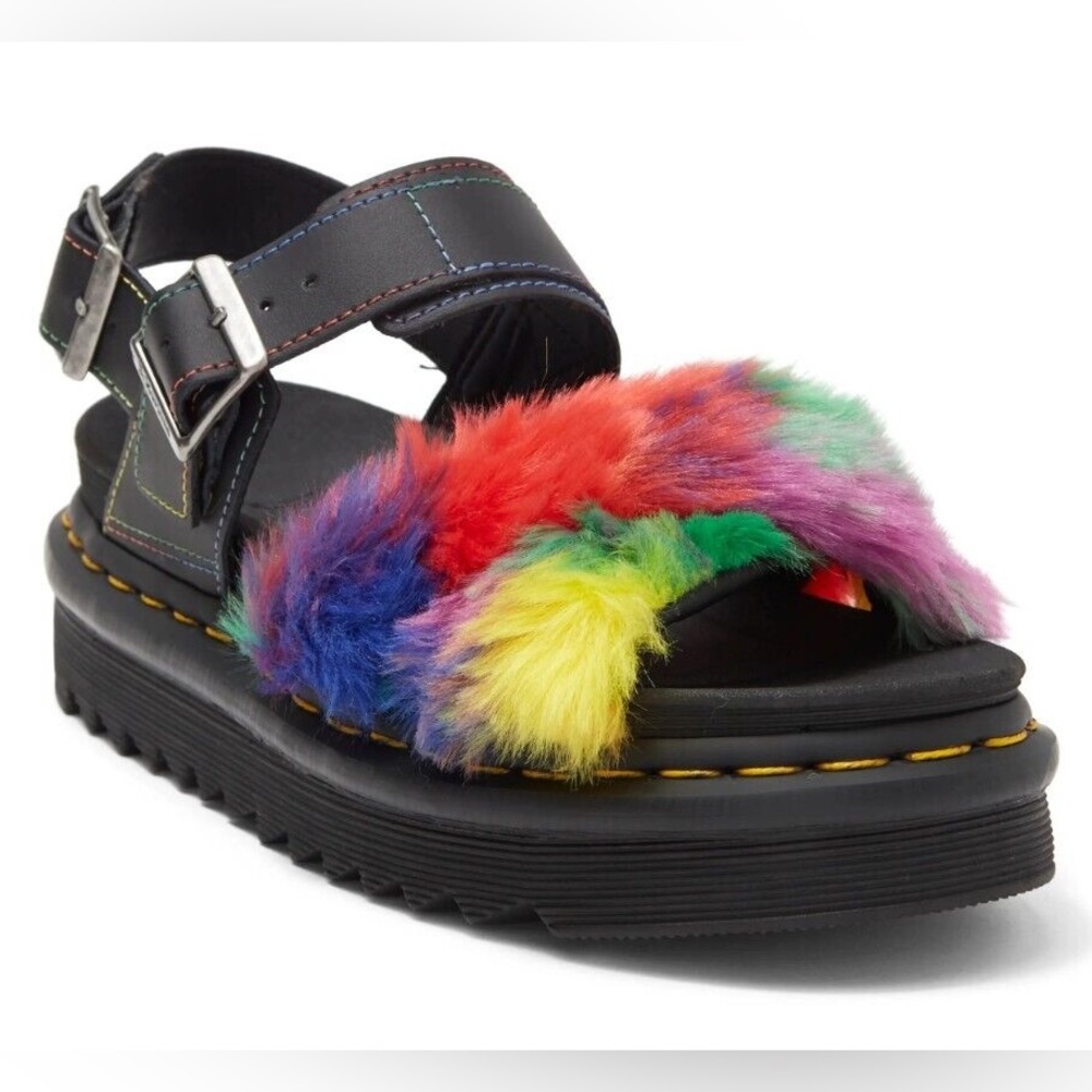 Dr Martens Voss II Fluffy Black/Rainbow Sandals Womens